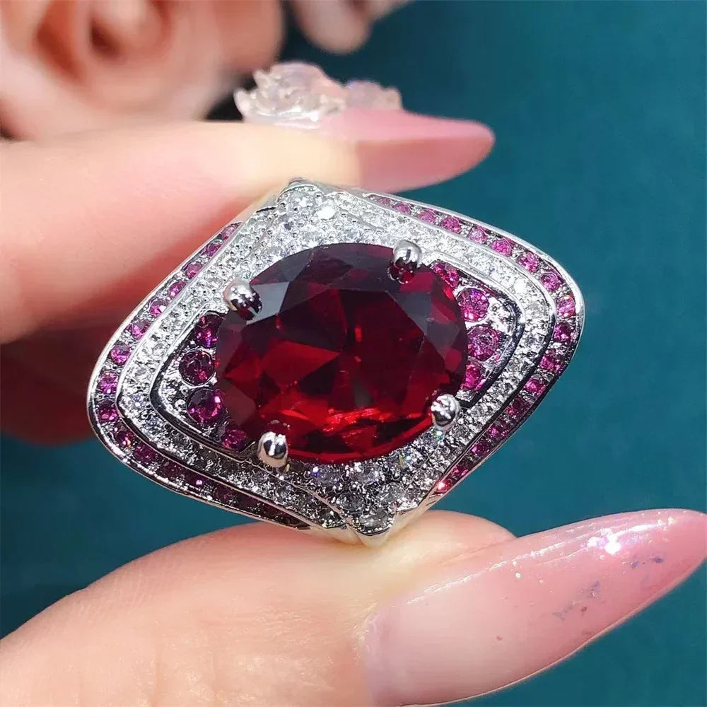 luckacco 2025 new red corundum ring for women, european and american style, large zircon, light luxury fashion party jewelry accessories
