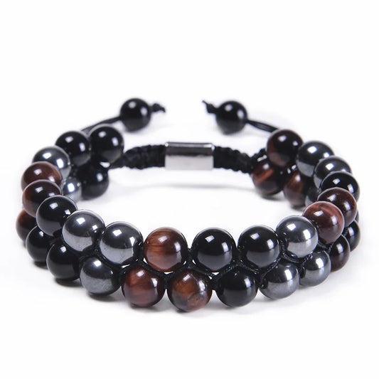Luckacco 8MM Natural Tiger Eye Stone Adjustable Bracelet Double Layer Hand Woven  Row Strand Beaded Bangles Couple Party Jewelry