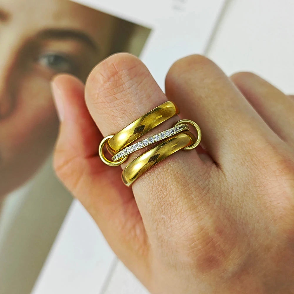 luckacco stainless steel spinelli ring for women men fashion new gold color zircon three-piece set stacking rings finger jewelry gifts