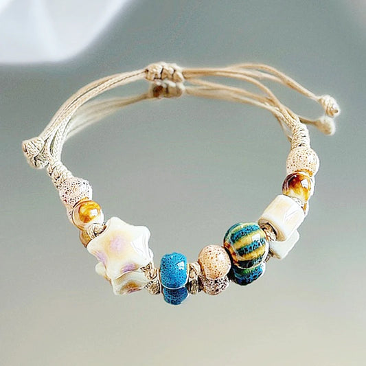 Luckacco Kaseakia Handmade Vintage Ceramic Stone Beads Wax Cord Adjustable Beaded Bracelets Bohemian Boho Jewelry for Women