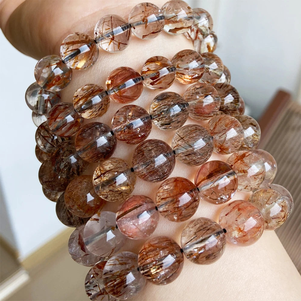luckacco natural black golden super seven bracelet hair rutilated bracelet jewelry for woman crystal round beads stone stretch bracelet