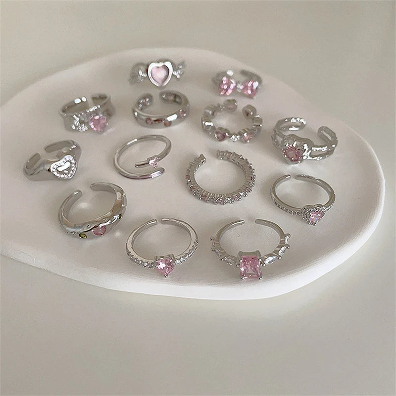 luckacco pink crystal irregular heart rings creative zircon bowknot opal love heart open ring y2k shiny rings for women party jewelry