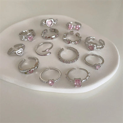 Luckacco Pink Crystal Irregular Heart Rings Creative Zircon Bowknot Opal Love Heart Open Ring Y2K Shiny Rings for Women Party Jewelry