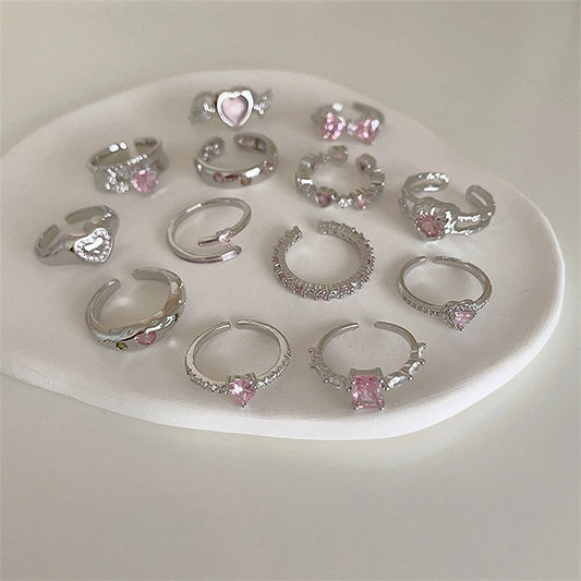 Luckacco Pink Crystal Irregular Heart Rings Creative Zircon Bowknot Opal Love Heart Open Ring Y2K Shiny Rings for Women Party Jewelry