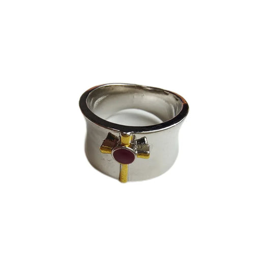 Luckacco Elegant Woman Red Stone Cross Ring Fashion Silver Color Religious Belief Statement Ring Punk Red Beads Crystal Rings for Women