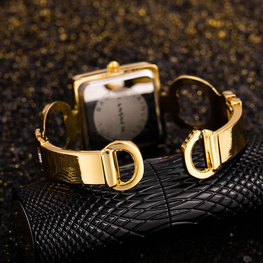 Luckacco UTHAI W85 Women's Watches Open Bracelet Watch Set Diamond Dial Square Girls' Watch Hollow out Female's Fashion Quartz Wristwatch