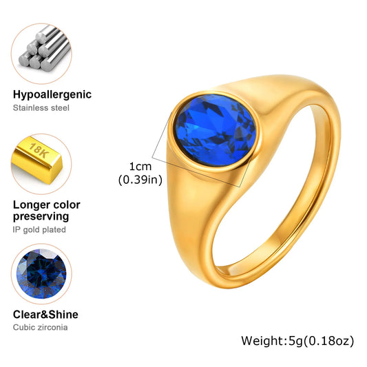 Luckacco Colorful Zircon Seal Ring For Women, 316L Stainless Steel Green Black Blue Red White CZ Rings, Gold Plated Engagement Jewelry