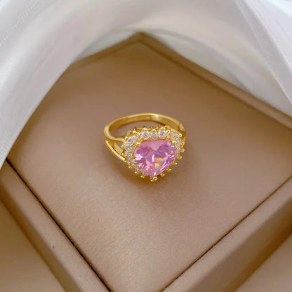 Luckacco High Quality Pink Heart Crystal Adjustable Rings for Women Charm Gold Color Stainless Steel Wedding Bride Jewelry Gift Colorfast