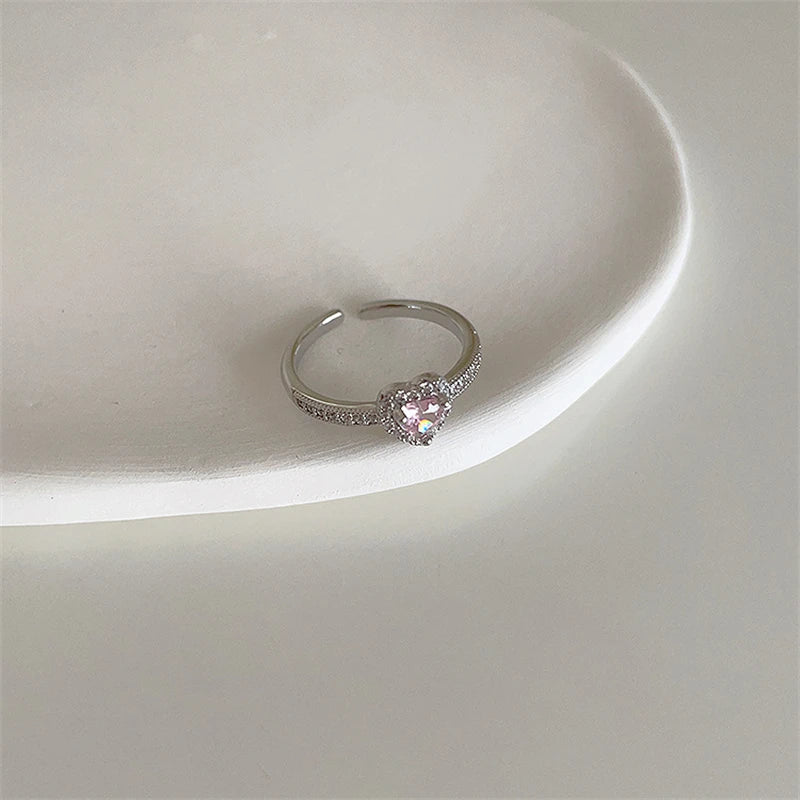 luckacco pink crystal irregular heart rings creative zircon bowknot opal love heart open ring y2k shiny rings for women party jewelry
