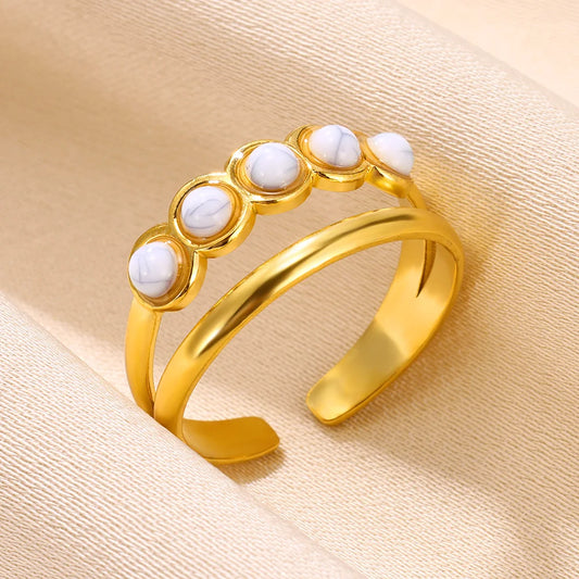 Luckacco Vintage Turquoise Wide Ring for Women Gold Color Stainless Steel Wheat Ear Adjustable Open Ring Fashion Party Jewelry Gift