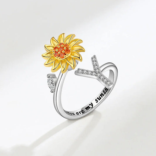 Luckacco Rotating Sunflower Initial Letter Rings For Women Anti Anxiety Spinner You Are My Sunshine Stainless Steel Ring Birthday Jewelry