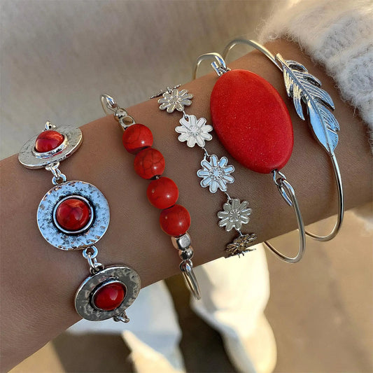 Luckacco KMVEXO 5Pcs/Set Vintage Bohemian Turquoise Inlaid Bracelets Women Ethnic Style Flower Feather Cuff Bracelet Bangles Boho Jewelry