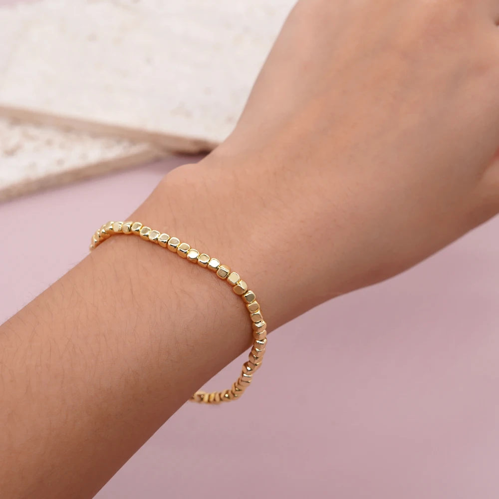 luckacco 1pc square hematite stone bracelets golden beaded stacking elastic stretch handmade fashion unisex jewelry hawaii trendy