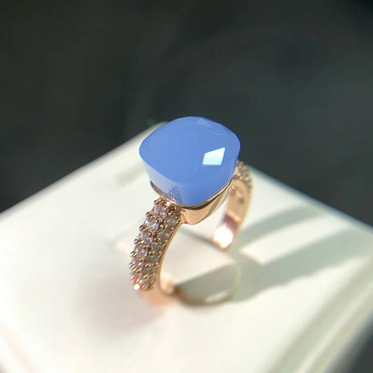 Luckacco Hot Candy Square Ring Inlay Zircon Colorful Crystal Ring For Women Party Fashion Jewelry Gold Plated Blue Topaz Ring Gift