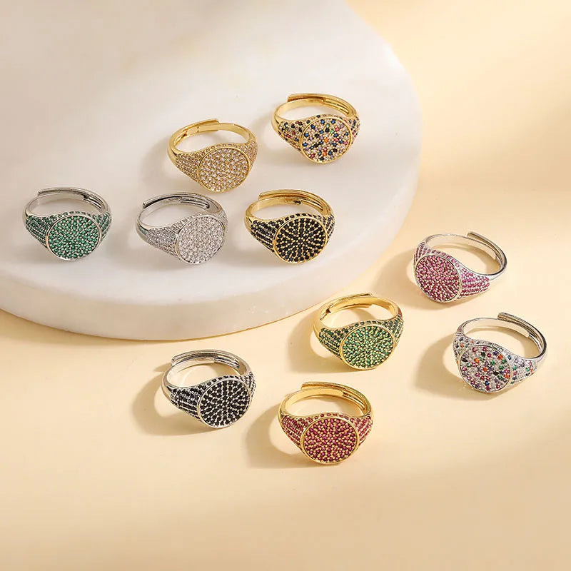 luckacco hecheng,13×22mm copper electroplated 18k gold multi-colour zirconia ring unisex couple adjustable luxury jewellery 1 piece