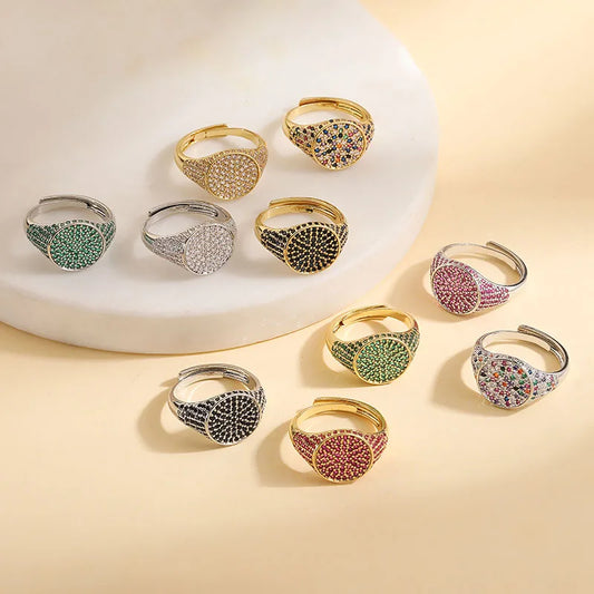 Luckacco HECHENG,13×22MM Copper Electroplated 18K Gold Multi-colour Zirconia Ring Unisex Couple Adjustable Luxury Jewellery 1 Piece