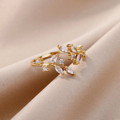 Luckacco Luxury Gemstone Flower Stainless Steel Rings Zircon Adjustable Ring Women Wedding Anti Fading Jewelry Vacation Accessories Gift