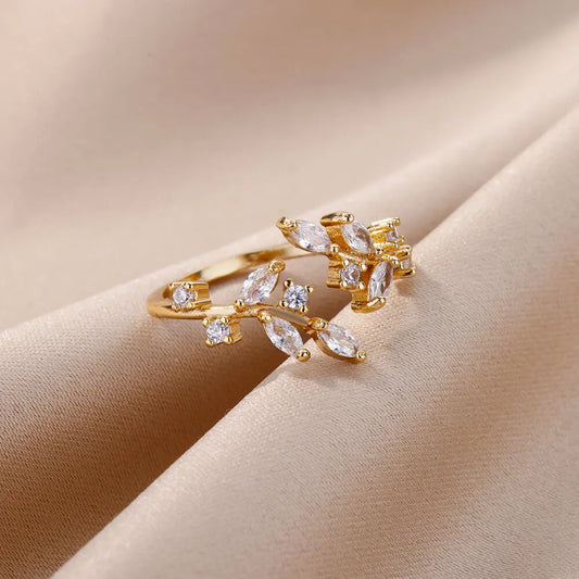 Luckacco Luxury Gemstone Flower Stainless Steel Rings Zircon Adjustable Ring Women Wedding Anti Fading Jewelry Vacation Accessories Gift