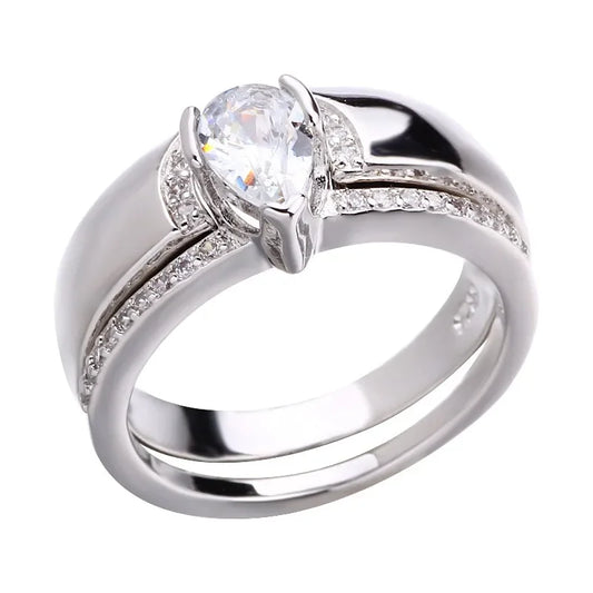 Luckacco Exquisite Women Silver Color Waterdrop Metal Inlaid White Round Zicron Stones Ring Set Wedding Engagement Rings Jewelry