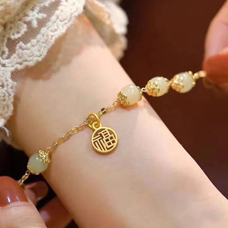 luckacco fu character lucky hetian jade antique bracelet creative all-match auspicious cute female temperamental fashion gifts femme