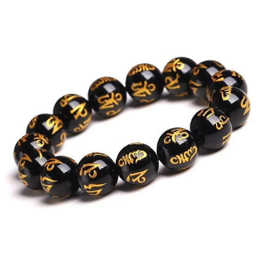 Luckacco Natural Obsidian Beads Six Character Mantra Bracelet Lucky Wealth Bangle Buddhist Accessories Meditation Blessing Amulet Jewelry