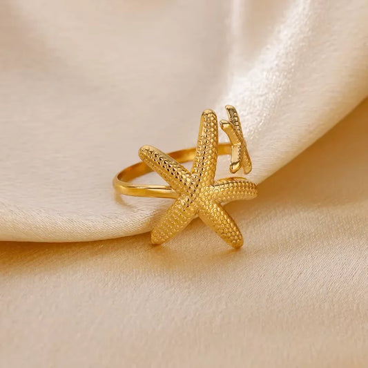 Luckacco Elegant Stainless Steel Big Bloom Flower Rings For Women Gold Color Sun Starfish Open Ring Finger Jewelry Wedding Her Gift Punk