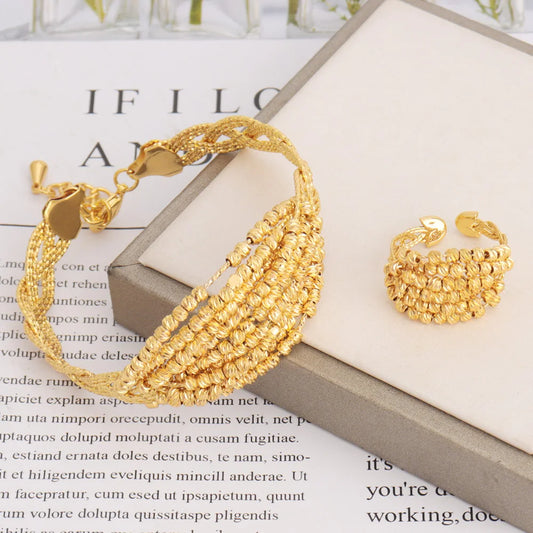 Luckacco Vintage Gold Color Middle East Women Jewelry Set Ethiopia Multi Layer And Multi Bead Design Bangle And Ring Wedding Easter Gift