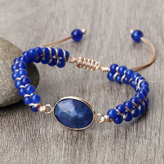 Luckacco Handmade Natural Chalcedony Stone Wrap Bracelet & Bangle Charm Lazurite Pendant Braided Beaded Bracelets Women Men Yoga Jewelry
