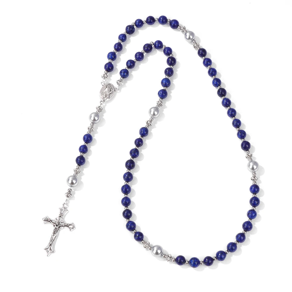 luckacco catholic jesus cross bracelet men religious prayer rosary bangle 50cm natural african turquoises lava gem stone bead bracelet
