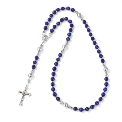 Luckacco Catholic Jesus Cross Bracelet Men Religious Prayer Rosary Bangle 50CM Natural African Turquoises Lava Gem Stone Bead Bracelet