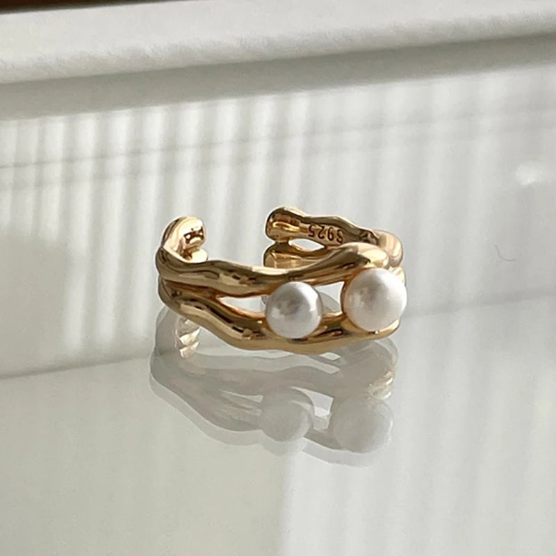 luckacco foxanry silver color pearl rings for women new fashion simple double-layered geometric handmade party jewelry gifts серьга