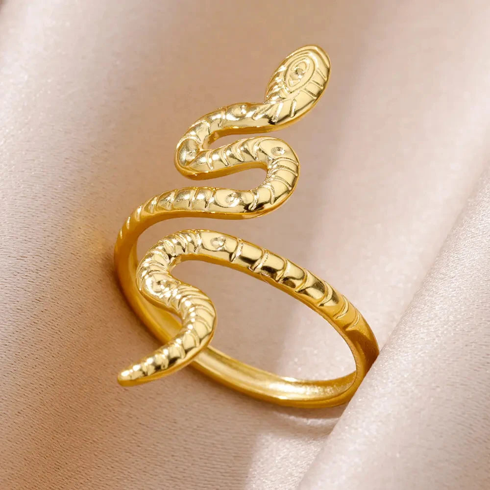luckacco gold plated stainless steel green zircon snake rings for women men open adjustable finger ring vintage gothic aesthetic jewelry