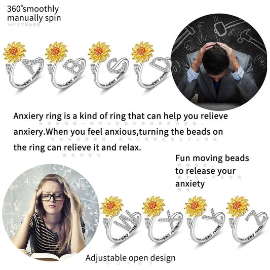 Luckacco Rotating Sunflower Initial Letter Rings For Women Anti Anxiety Spinner You Are My Sunshine Stainless Steel Ring Birthday Jewelry