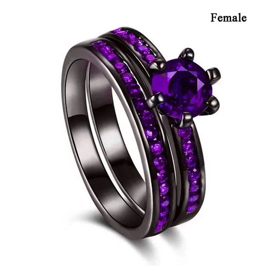 Luckacco Fashion Couple Rings Charm Purple Rhinestones CZ Women Rings Set Trendy Men Stainless Steel Zirconia Ring Wedding Band Jewelry