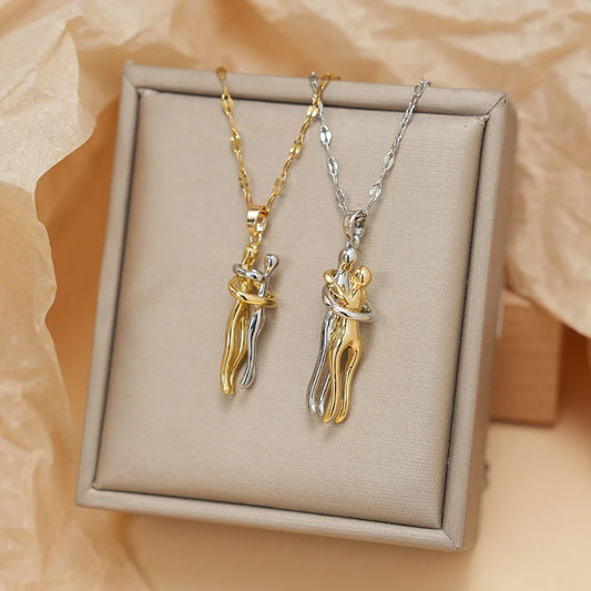 Luckacco FTCY Stainless Steel Couple Hugging Necklace Pendant for Women Men Gold Silver Color Couple Love Chain Friend Gift Party Jewelry