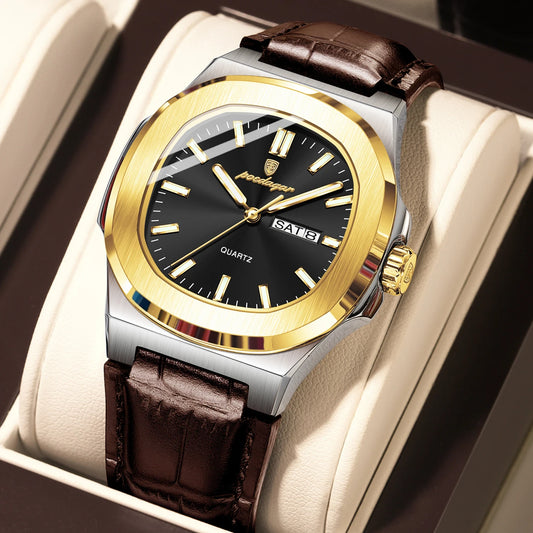 Luckacco POEDAGAR High Quality Watch For Men Luxury Luminous Waterproof Week Calendar Man Clock Leather Square Men's Quartz Watches Reloj