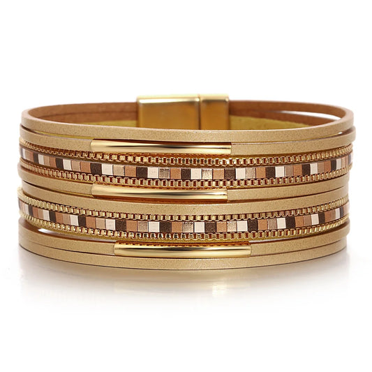 Luckacco ALLYES Trendy Colorful Square Leather Bracelet for Women Men Boho Metal Tube Multilayer Wrap Wide Bracelets Charm Party Jewelry