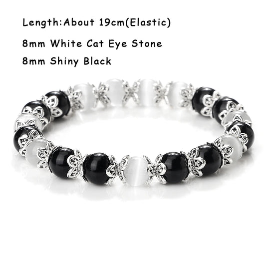 Luckacco Natural Cat Eye Stone Bracelet & Bangle for Women Brief White Pink Opal Beads Yoga Balance Jewelry Lucky Wristband Handmade Gift