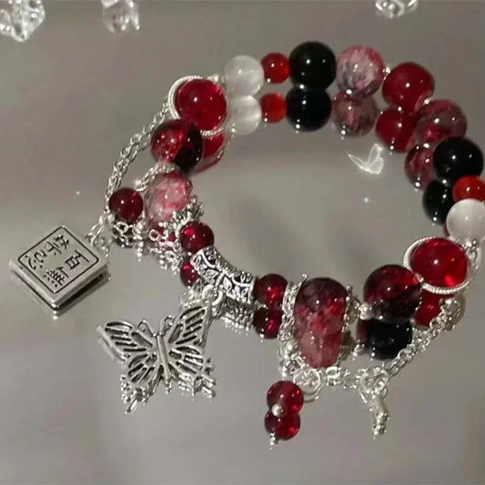 Luckacco Fashion Vintage Red Beaded Chain Bracelet for Women Butterfly Pendant Charm Bracelets Anime Tian Guan Ci Fu Jewelry Accessories