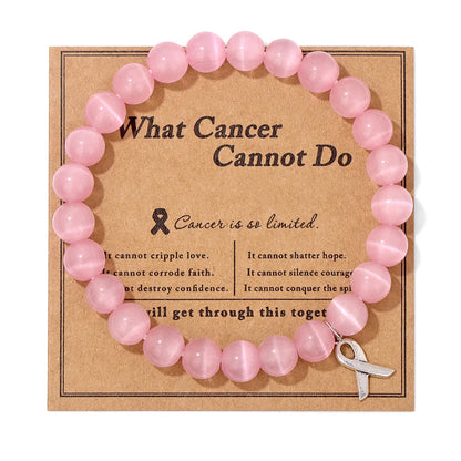 Luckacco Handmade Cat Eye Stone Bracelet Opal Quartz Pink Ribbon Beads Charm Bracelets for Women Breast Cancer Awareness Jewelry Gift