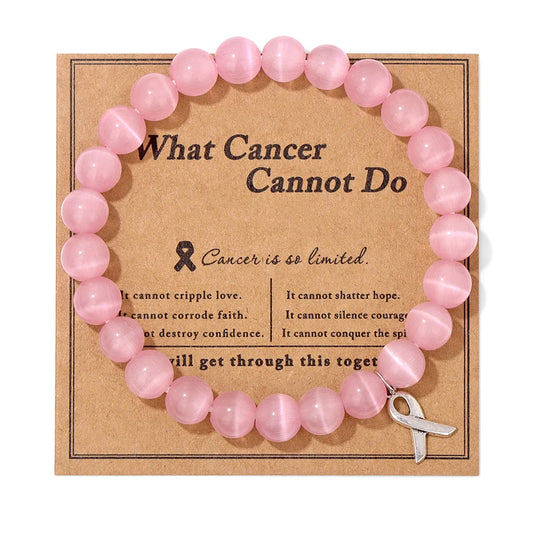Luckacco Handmade Cat Eye Stone Bracelet Opal Quartz Pink Ribbon Beads Charm Bracelets for Women Breast Cancer Awareness Jewelry Gift
