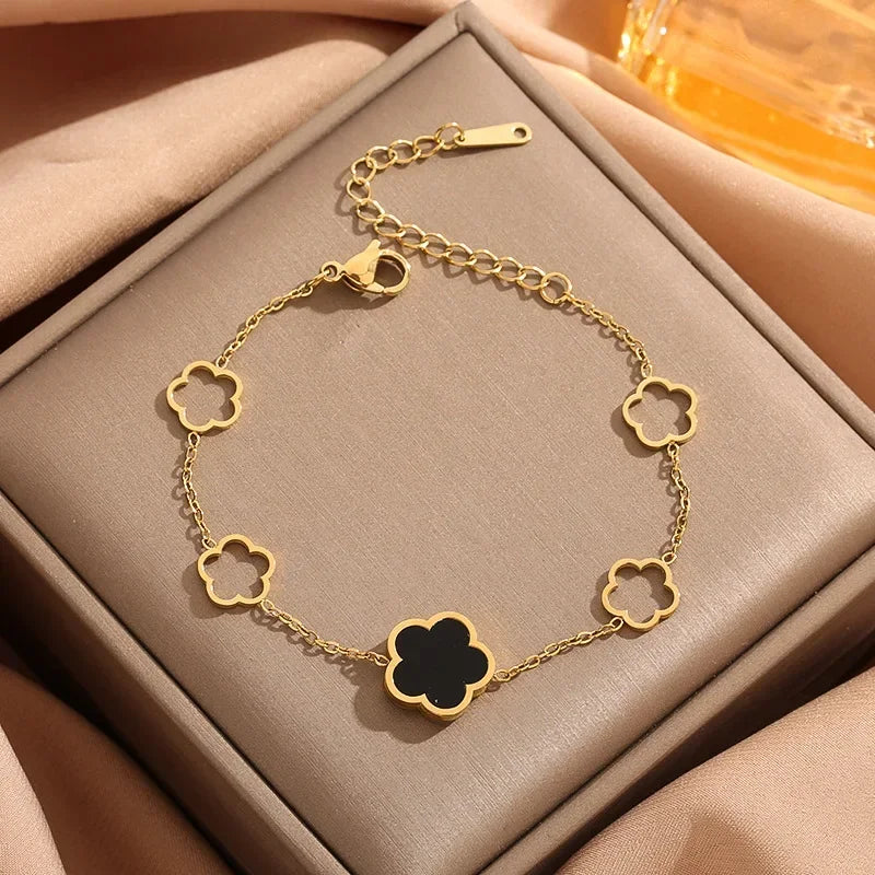 luckacco lucky cute colorful five-leaved flower stainless steel bracelets for women fashion light luxury paty jewelry gifts