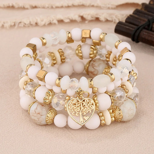 Luckacco New Acrylic Beads Chain Bracelet Set For Women Tree Of Life Charm Elastic Bangle Female Bohemian Jewelry Accessories