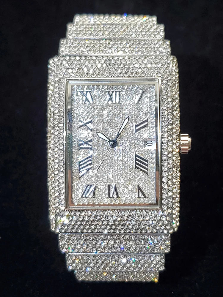 luckacco gold men's watches rectangle dial luxury diamond fashion big wristwatches luminous point iced quartz watch for men
