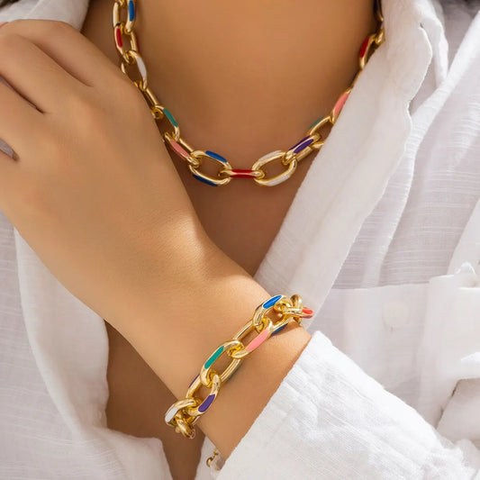 Luckacco 2Pcs/Set Colorful Bohemian Fashion Choker Necklace Bracelet Jewelry Set Classic Cross Chain Accessories for Women Gift Party