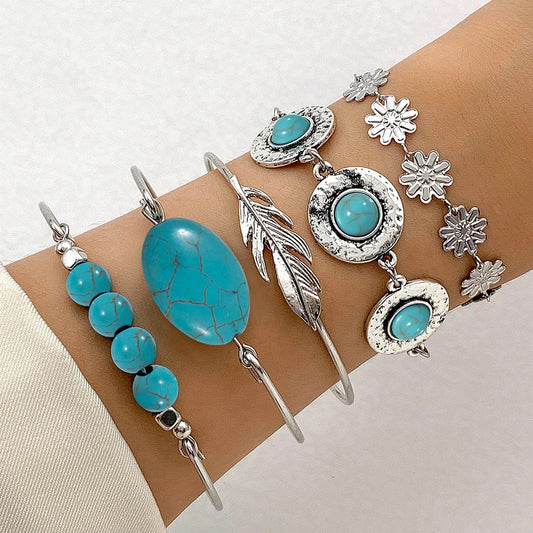 Luckacco KMVEXO 5Pcs/Set Vintage Bohemian Turquoise Inlaid Bracelets Women Ethnic Style Flower Feather Cuff Bracelet Bangles Boho Jewelry