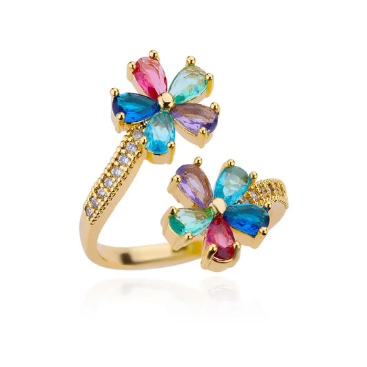 Luckacco 2025 Fashion Colorful Zircon Flower Rings For Women Gold Color Stainless Steel Finger Ring Trend Luxury Boho Aesthetic Jewelry