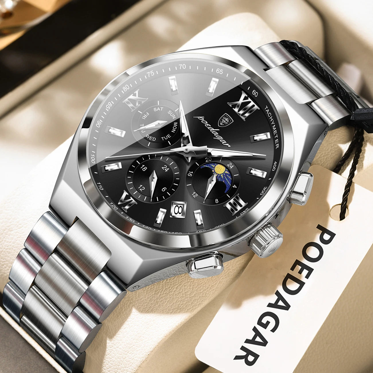 luckacco poedagar luxury sport man wristwatch original luminous week date watch for men stainless steel men's quartz watches reloj hombre