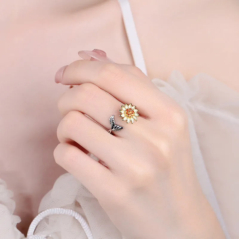 luckacco ethnic mandala flower finger rings for women girls rotating rose sun planet anxiety knuckle ring anti stress jewelry