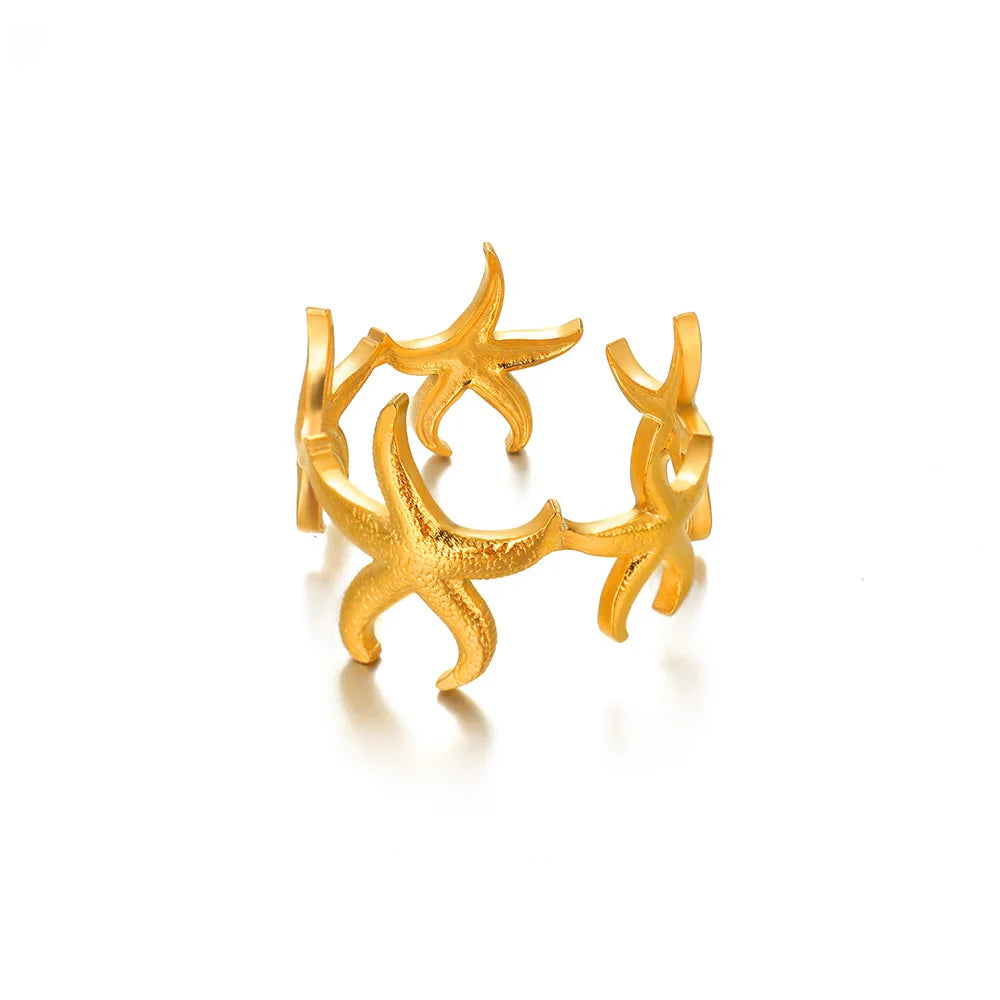 luckacco elegant stainless steel big bloom flower rings for women gold color sun starfish open ring finger jewelry wedding her gift punk